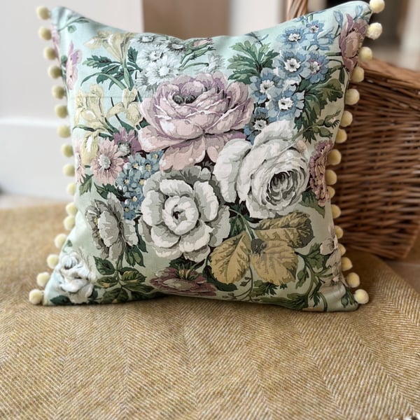 Vintage Sanderson Knowle floral cushion cover with pompom trim