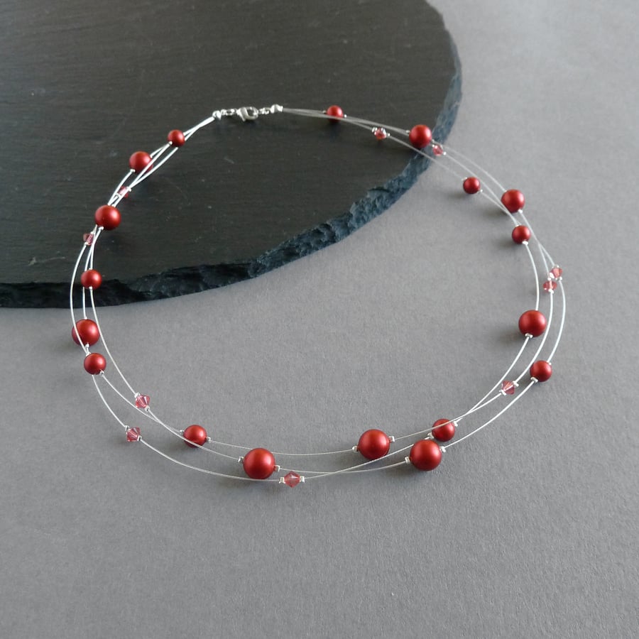 Bright Red Floating Pearl Necklace - Scarlet Multi-strand Necklaces - Jewellery