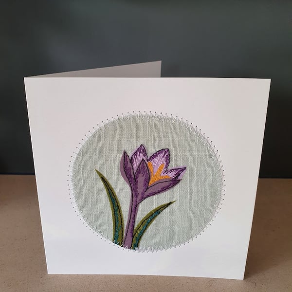Embroidered and Applique Crocus handmade card, Mother's day, Spring flower
