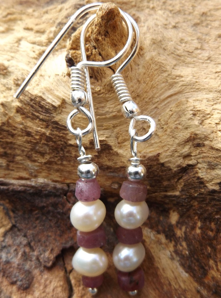 White freshwater cultured Pearl and Ruby earrings 