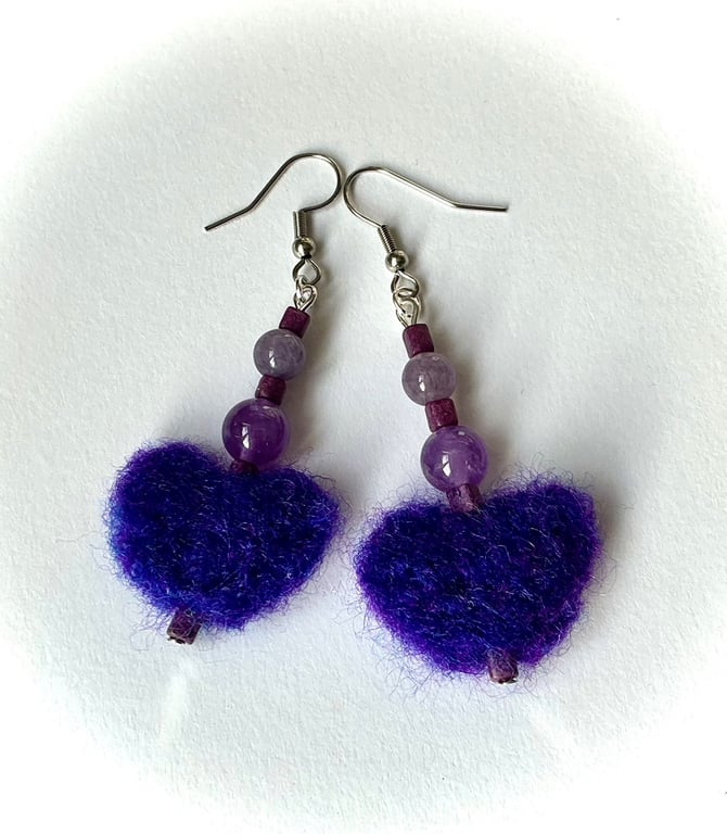 Purple Needlefelted Heart Earrings