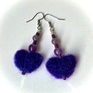 Purple Needlefelted Heart Earrings