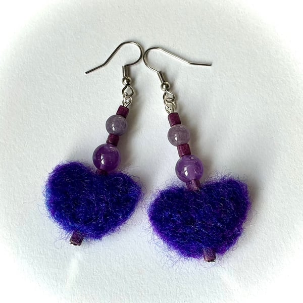 Purple Needlefelted Heart Earrings
