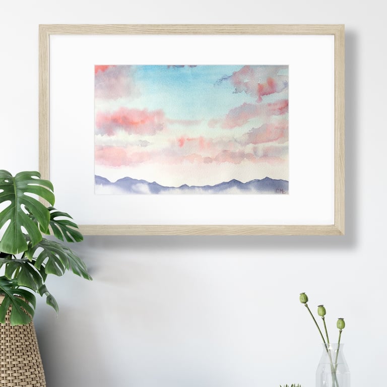 Watercolour sketch, Sunrise painting, Landscape, Italian Lakes, Peaceful scene