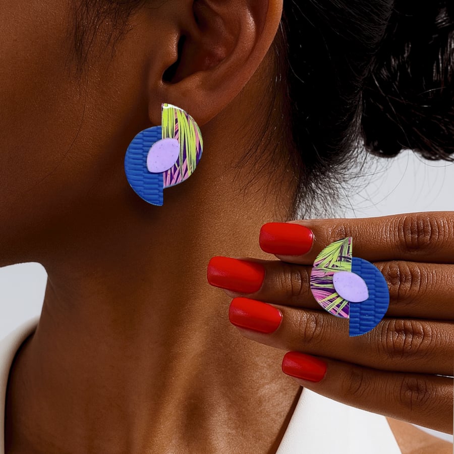 Tropical Leaf Pattern Statement Stud Earrings Textured Orange Semi Circle 