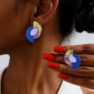 Tropical Leaf Pattern Statement Stud Earrings Textured Orange Semi Circle 