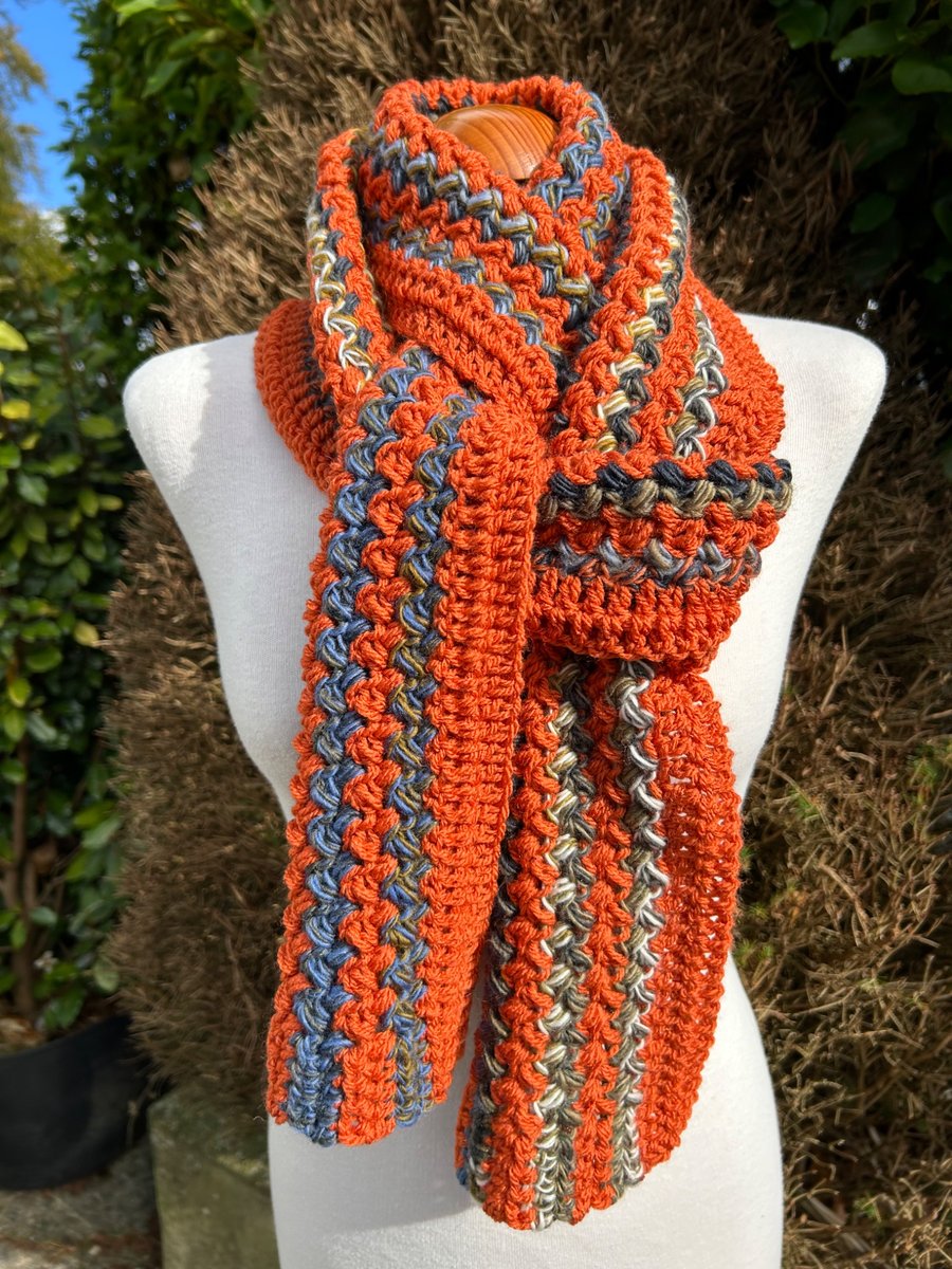 Hand Knitted Pumpkin Spice Textured Long Scarf Unisex Neck Warmer