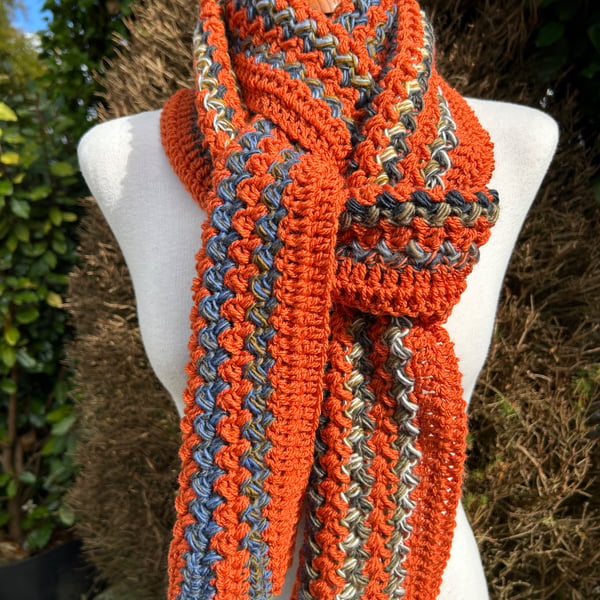 Hand Knitted Pumpkin Spice Textured Long Scarf Unisex Neck Warmer