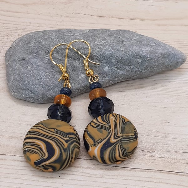 Mustard and navy dangly earrings