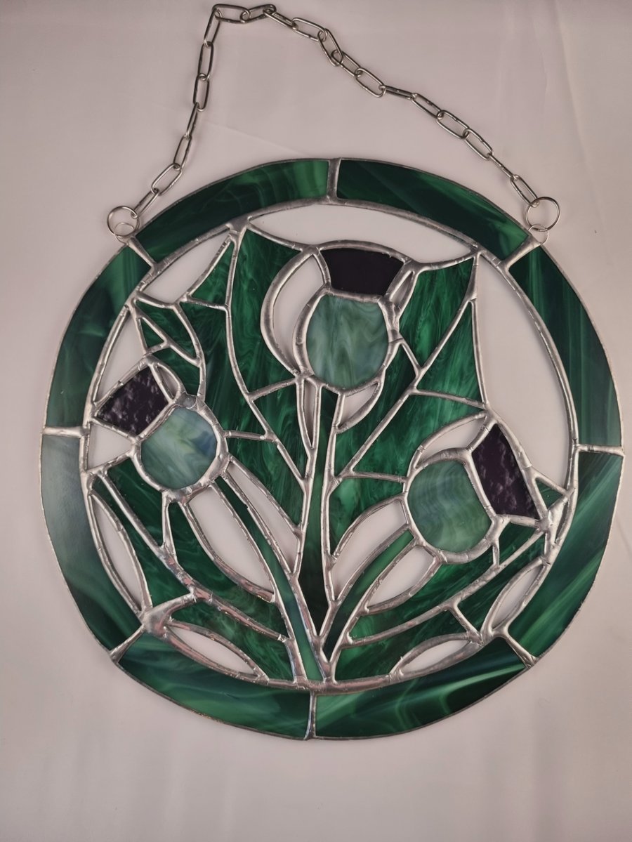 498 Stained Glass Trio of Thistles - handmade hanging decoration.