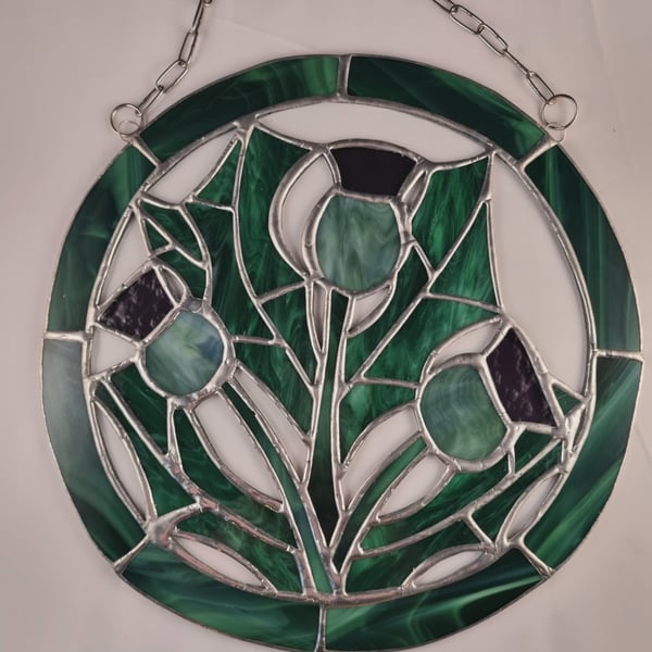 498 Stained Glass Trio of Thistles - handmade hanging decoration.