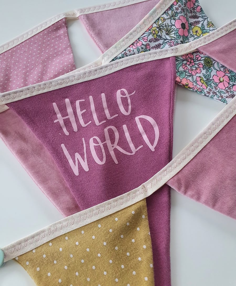 Adorable Hello World Dusky Pink, Floral and Yellow Bunting on Cream Binding