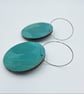Turquoise large hand printed dangly disc wooden hoop earrings - Image 5