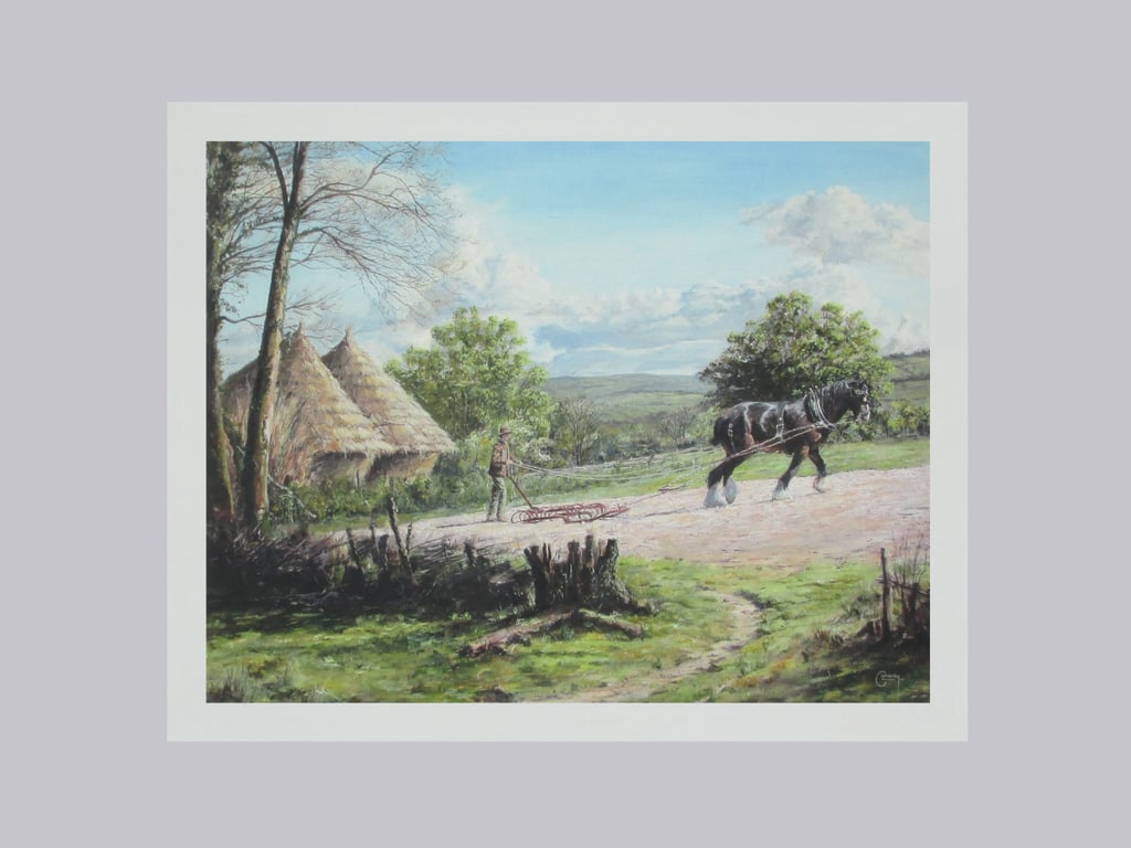 COUNTRYSIDE Art Print- Heavy Horse in Vintage Farming Scene- Rural Gift- 10"x8"