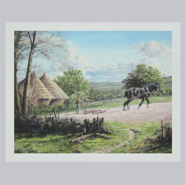 COUNTRYSIDE Art Print- Heavy Horse in Vintage Farming Scene- Rural Gift- 10"x8"