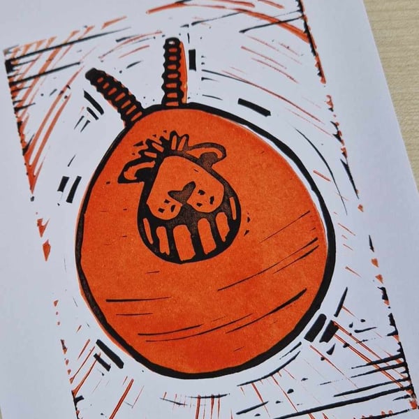 Space hopper. 2 layer A5 lino print.