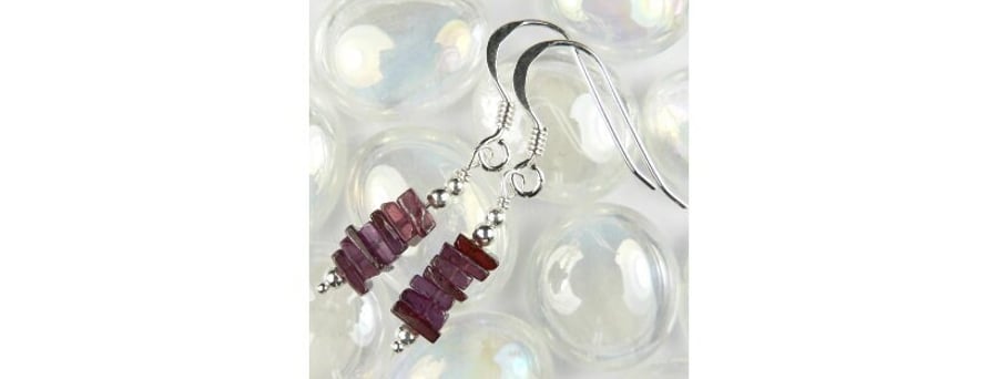 Rhodolite Garnet natural stone drop earrings, sterling silver, slices are 4mm