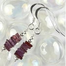 Rhodolite Garnet natural stone drop earrings, sterling silver, slices are 4mm