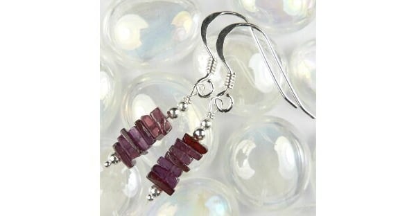 Rhodolite Garnet natural stone drop earrings, sterling silver, slices are 4mm