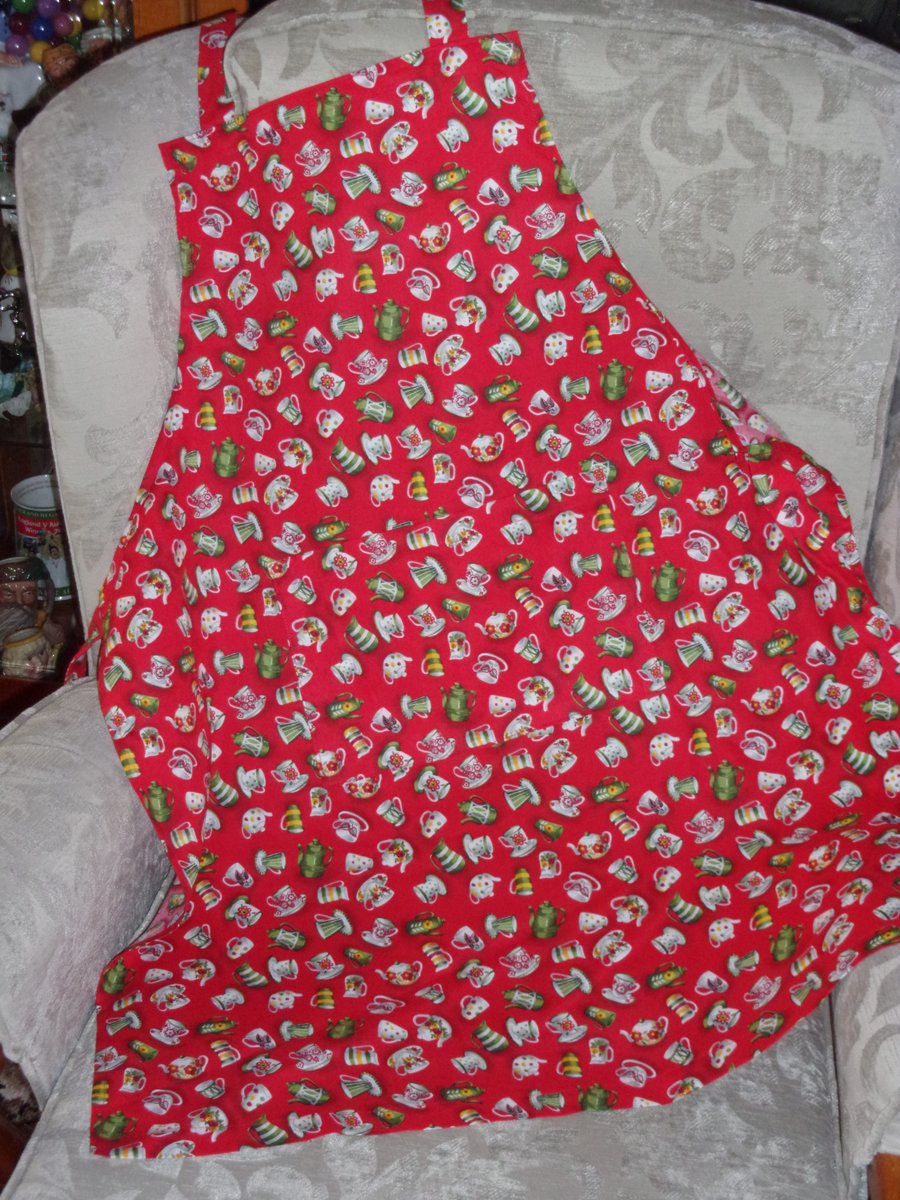 Coffee Pots along with Cups and Saucers on a Red Background Adult Apron