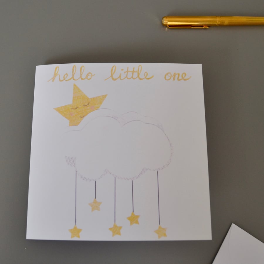 Hello little one new baby card with cloud and stars
