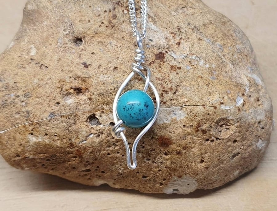 Small wire leaf turquoise pendant. Wire wrapped necklace. December Birthstone.