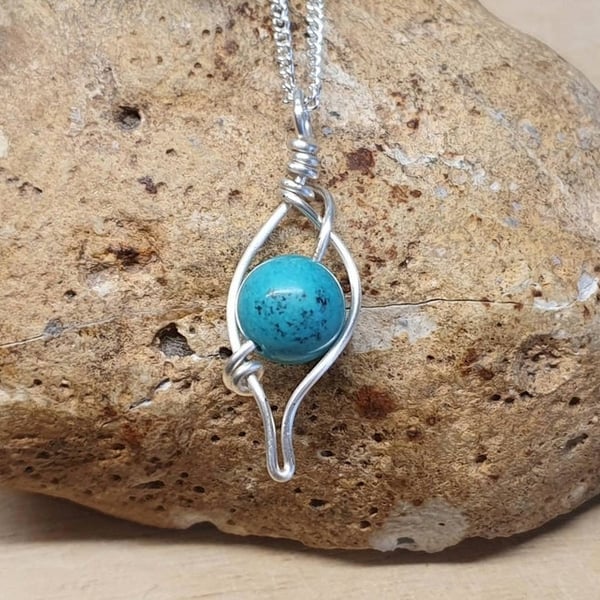 Small wire leaf turquoise pendant. Wire wrapped necklace. December Birthstone.