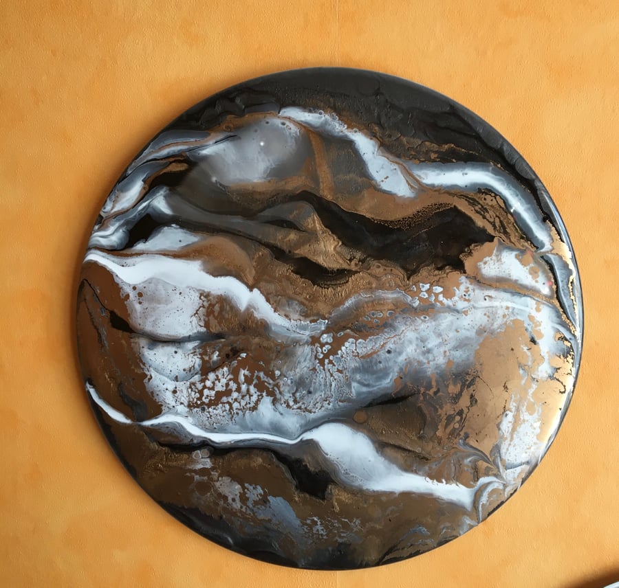 Abstract resin art on 12” vinyl record, gold, silver grey, black, white