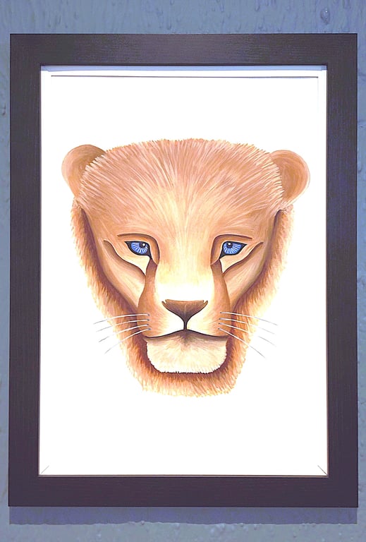 Framed A3 Print Colourful Lion Head Portrait White Border Genuine Made in UK 