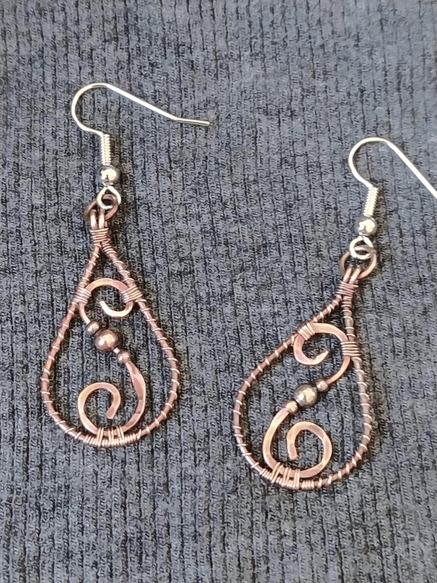 Teardrop Swirly Oxidised Copper Earrings with Purple Patina