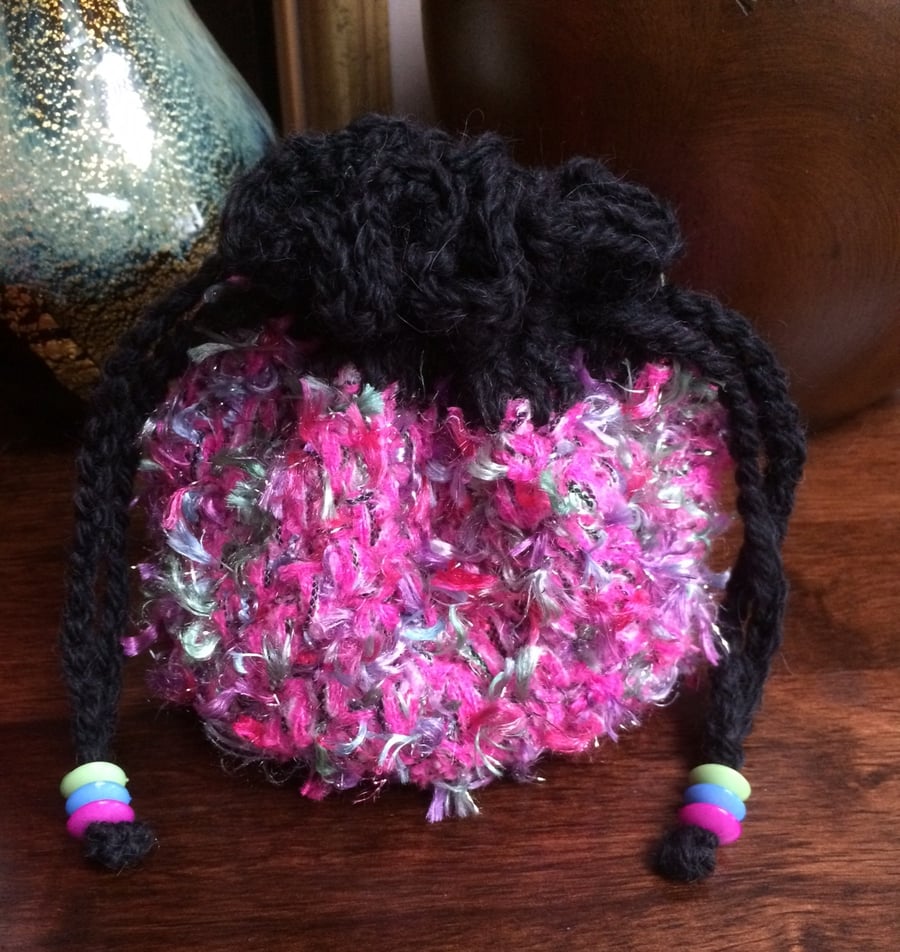 Hand Crocheted Luxury Pink Black Fashion Drawstring Bag Handbag Coin Money Purse