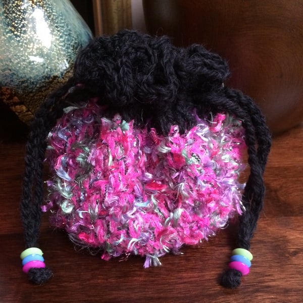 Hand Crocheted Luxury Pink Black Fashion Drawstring Bag Handbag Coin Money Purse