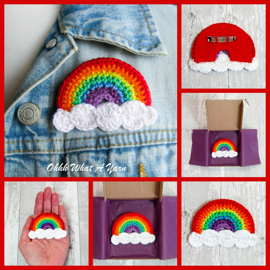 Crochet rainbow  brooch, crochet rainbow pin, rainbow brooch