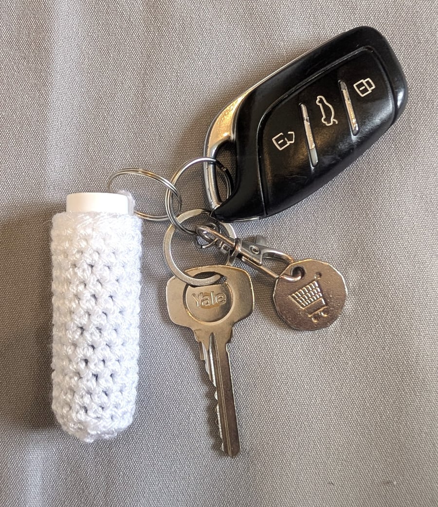 Crochet lip balm holder keychain, bag charm, handmade, keyring accessory - white