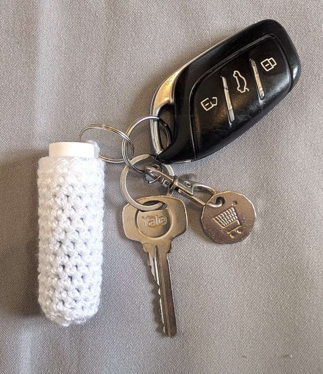 Crochet lip balm holder keychain, bag charm, handmade, keyring accessory - white