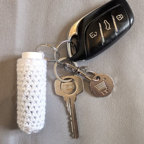 Crochet lip balm holder keychain, bag charm, handmade, keyring accessory - white