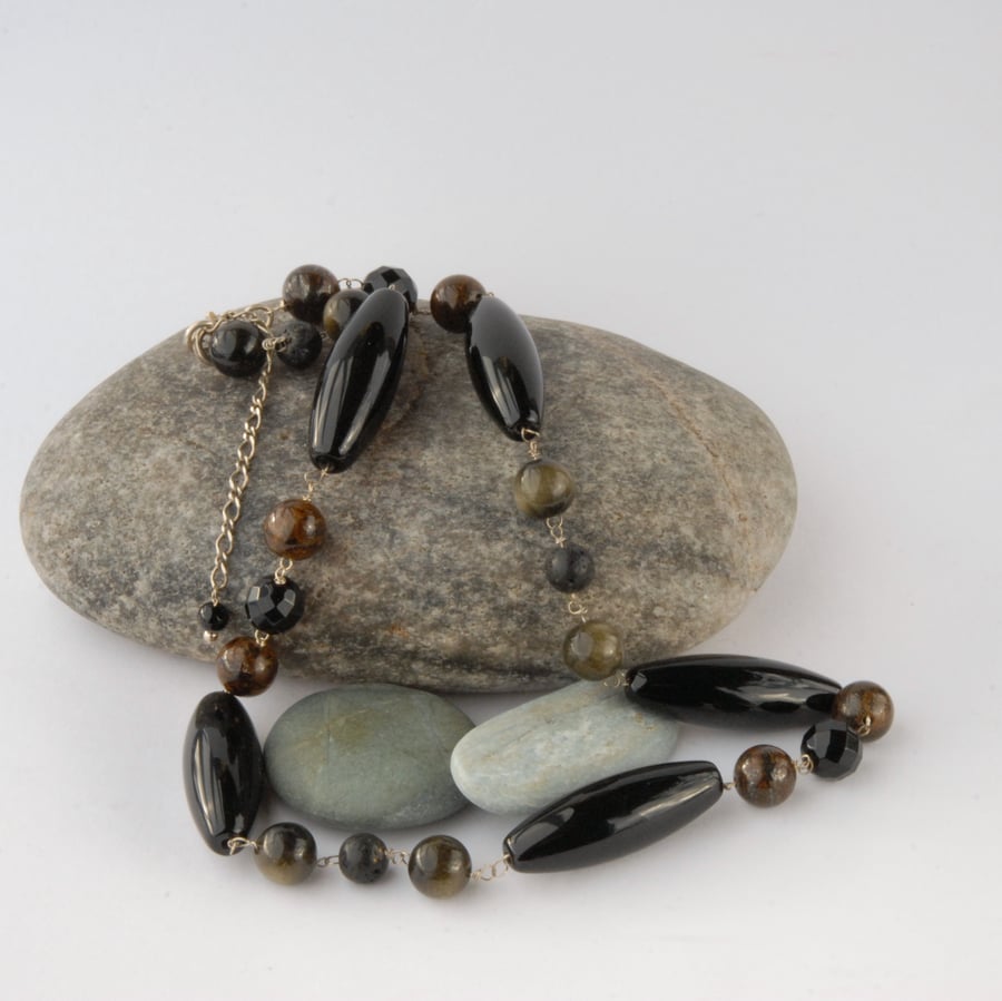 Onyx, golden obsidian and bronzite beaded sterling silver necklace