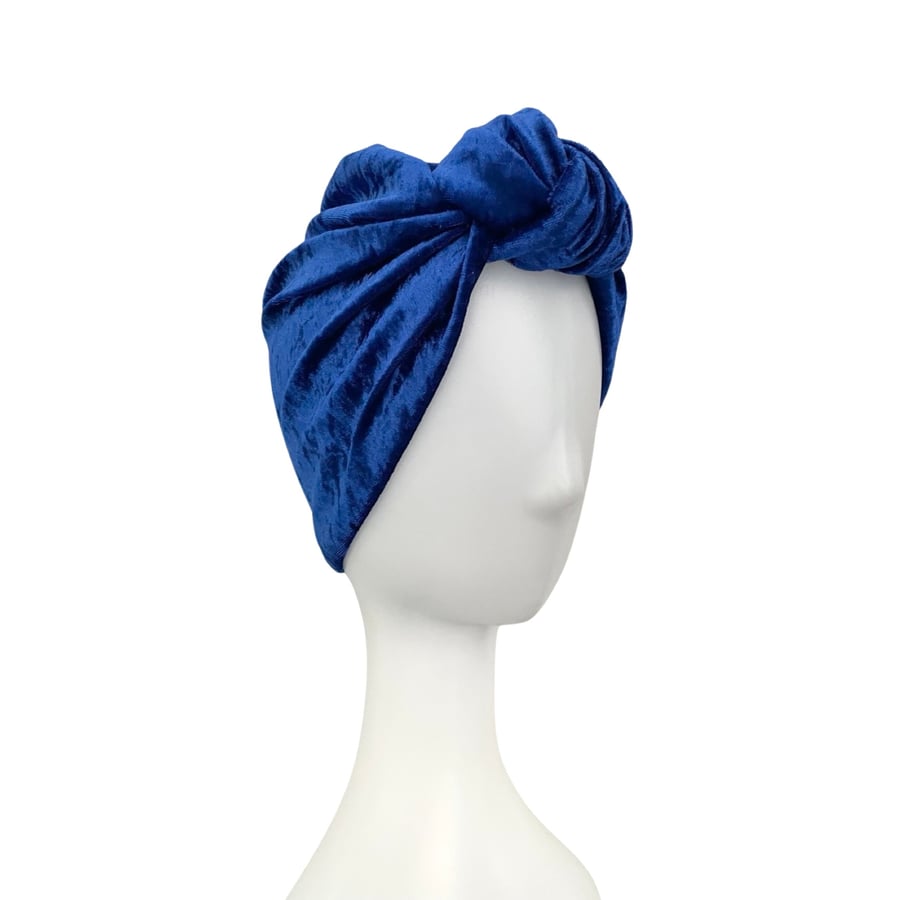 Royal Blue Crushed Velvet Turban Hat for Women Vintage Style Head Wrap