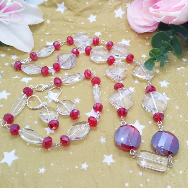 3 Piece Jewellery Set With Garnet Red and Clear Faceted Beads and Red Crystals