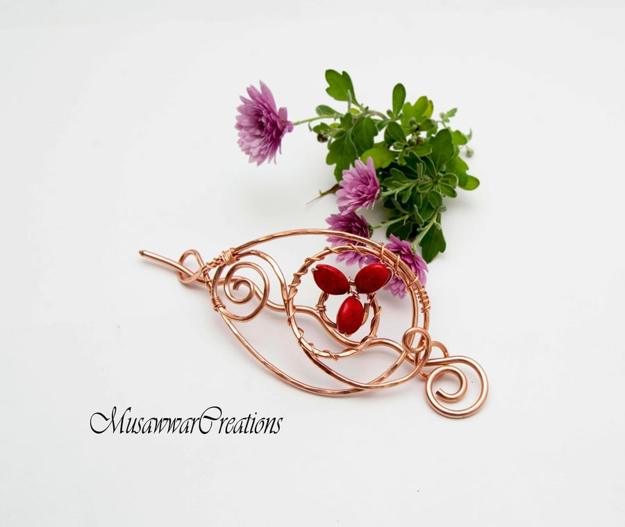 Copper hair bun holder ,Wire Wrapped Hair bun holder, red agate Hair Brooch, 