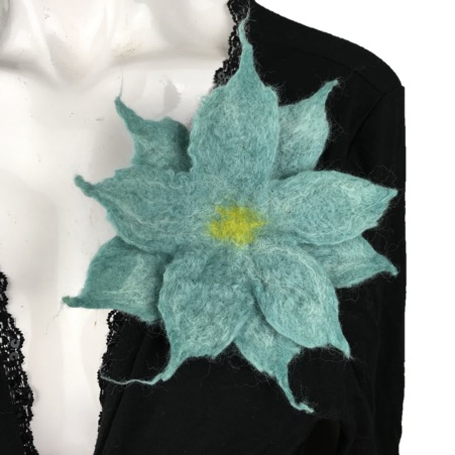 Felted flower corsage, brooch or lapel pin in duck egg blue merino wool
