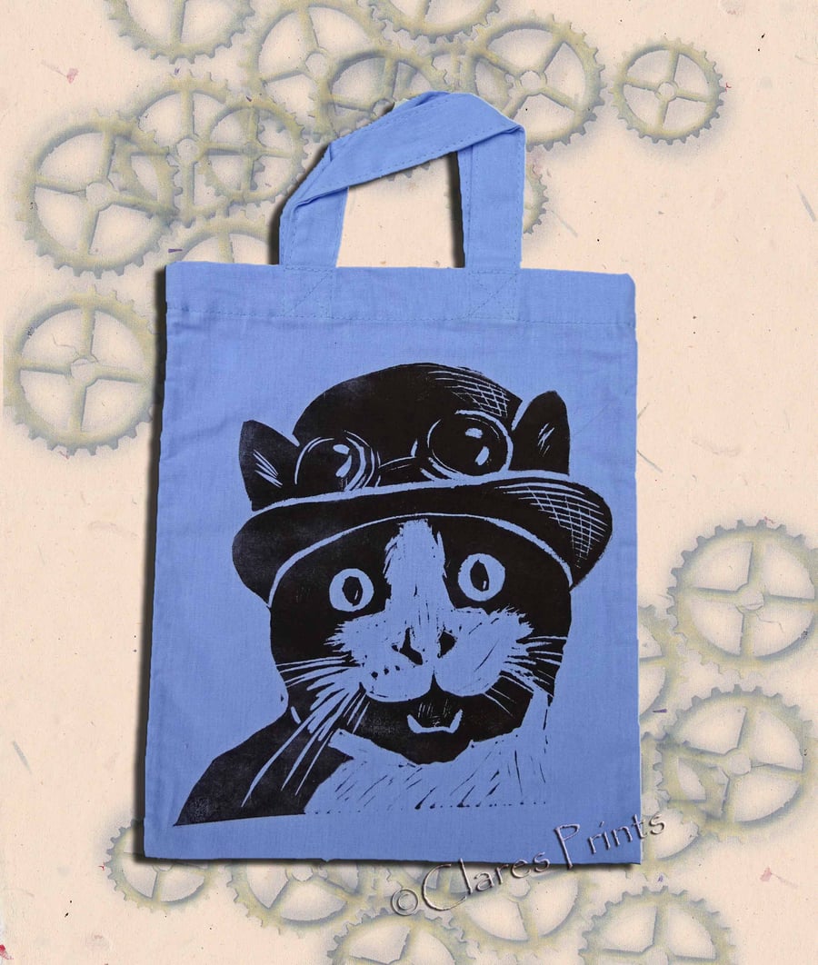 Steampunk Cat Tote Hand Printed Lilac Mini Tote Shopping Bag