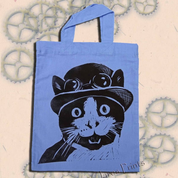 Steampunk Cat Tote Hand Printed Lilac Mini Tote Shopping Bag