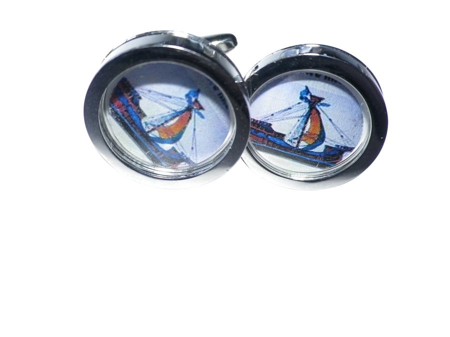 Single Sail boat cufflinks, free shipping, gift wrapped, lovely image, Ref 0965