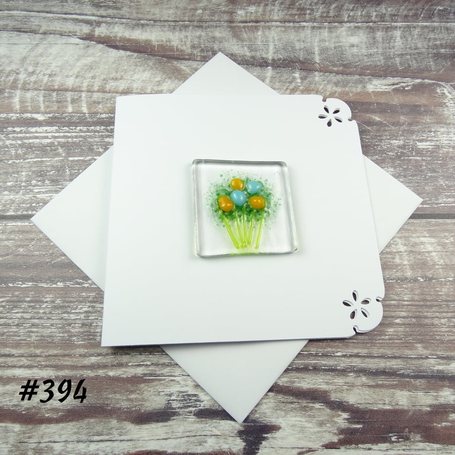 Orange and blue flowers handcrafted fused glass blank card (394)
