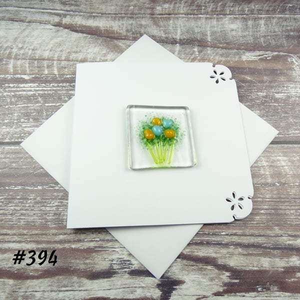 Orange and blue flowers handcrafted fused glass blank card (394)