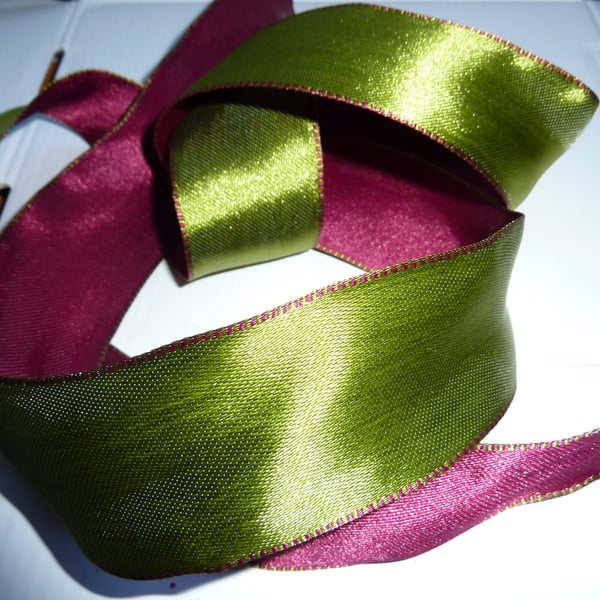 1 Metre Wire Edged Ribbon 38mm Green Purple Satin Double Sided