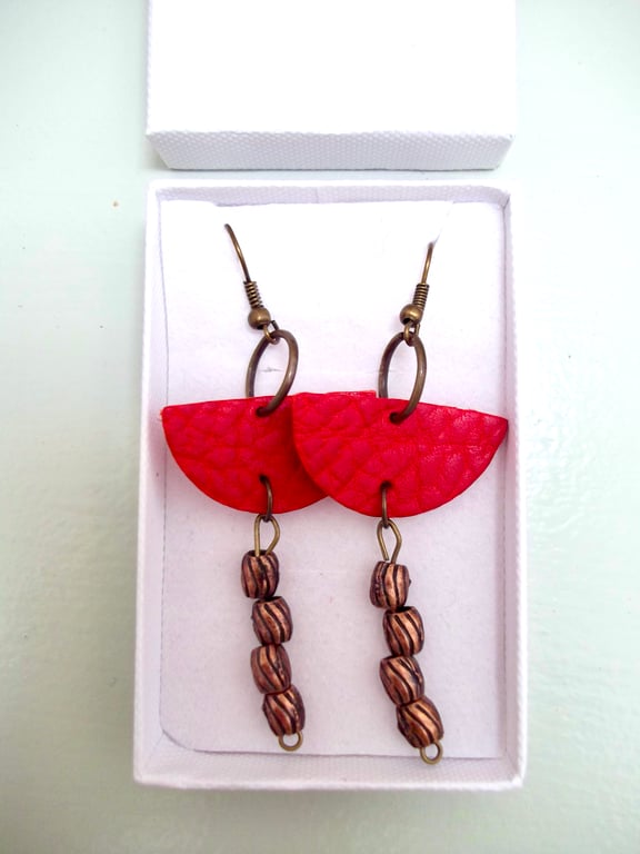 Red Leather Boho Style Dangle Drop Earrings Copper Colour Beads