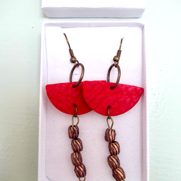 Red Leather Boho Style Dangle Drop Earrings Copper Colour Beads