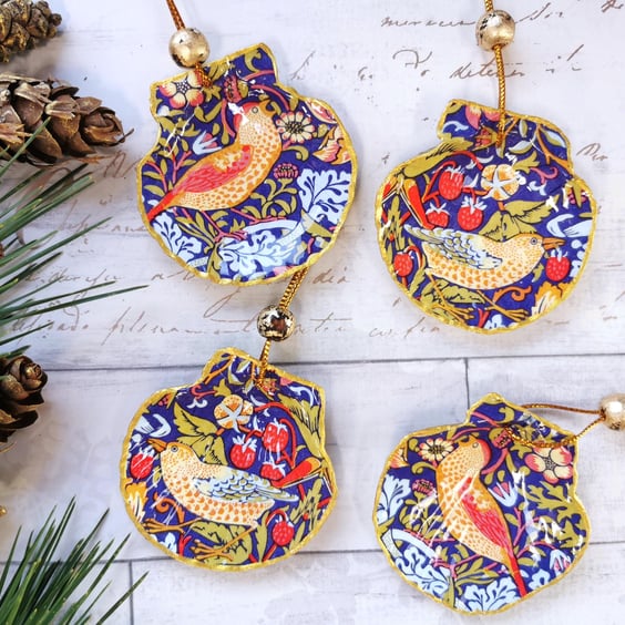 Set of Four Hanging Shell Ornaments: William Morris Christmas Tree Baubles